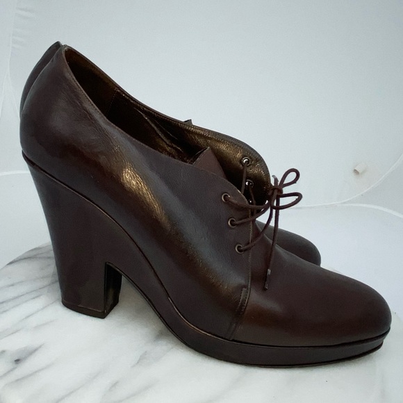 DKNY Brown Leather Platform Booties Italy size 9 Wedge Heel Victorian Steampunk - Picture 2 of 8